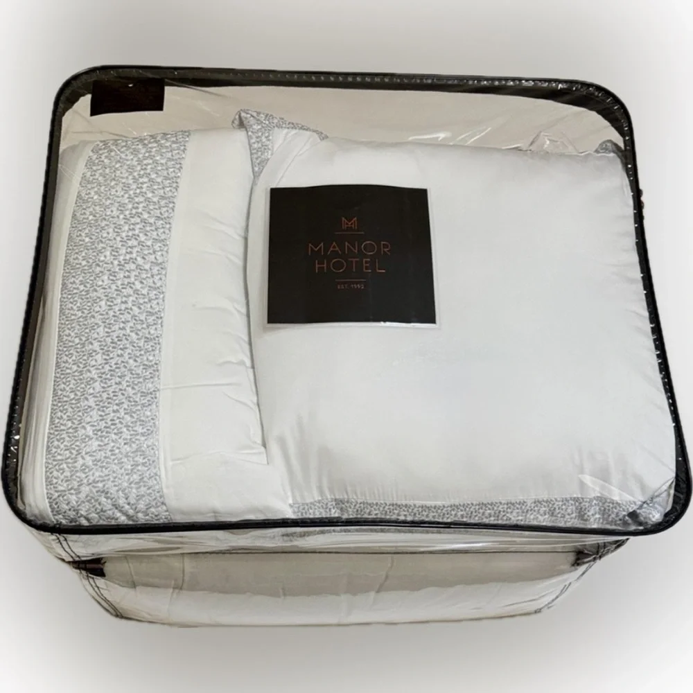 NEW! COMFORTER SET 100% COTTON MANOR HOTEL WHITE FROSTED BLUE SKY QUEEN 5 PIECES